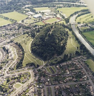 Oblique aerial view centred on the cemetery, with the swing bridge adjacent, taken from the N.