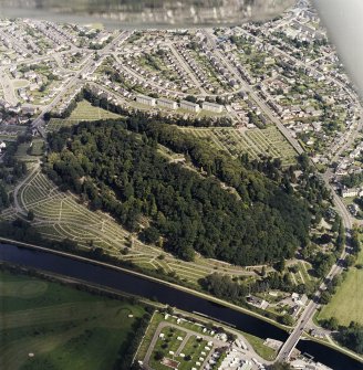 Oblique aerial view centred on the cemetery, with the swing bridge adjacent, taken from the WSW.