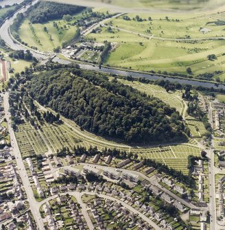 Oblique aerial view centred on the cemetery, with the swing bridge adjacent, taken from the NE.