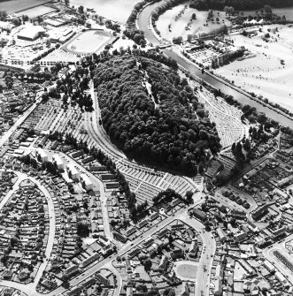 Oblique aerial view centred on the cemetery, with the swing bridge adjacent, taken from the NNE.