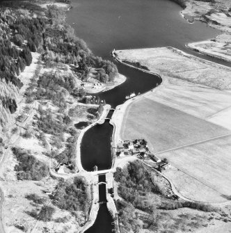 Aerial photograph showing Gairlochy East and West Locks and Gairlochy Lighthouse, Caledonian Canal
