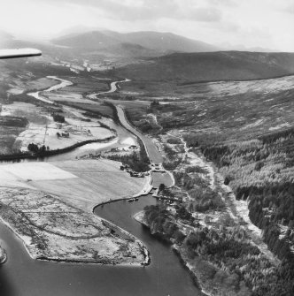 Aerial photograph showing Gairlochy East and West Locks and Gairlochy Lighthouse, Caledonian Canal