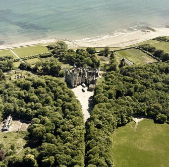 Aerial view of Dunrobin Castle, walled garden and formal gardens, taken from the N.