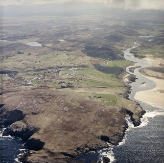 General oblique aerial view centred on the village of Bettyhill, taken from the NNW.