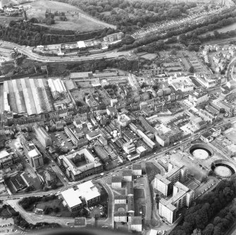 Aerial view showing Holyrood Road at bottom of photograph, New Street at left, Calton Hill at top and Canongate heading to right