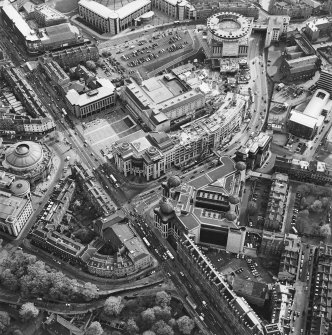 Oblique aerial view of Edinburgh centred on the Clydesdale Bank Plaza and Standard Life building, taken from the NNE.