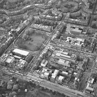 Oblique aerial view of Edinburgh centred on the renovation of the Roxburghe Hotel with the renovations to the south side of Charlotte Square adjacent, taken from the SE.