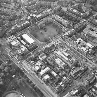 Oblique aerial view of Edinburgh centred on the renovation of the Roxburghe Hotel with the renovations to the south side of Charlotte Square adjacent, taken from the ESE.