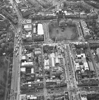 Oblique aerial view of Edinburgh centred on the renovation of the Roxburghe Hotel with the renovations to the south side of Charlotte Square adjacent, taken from the ENE.