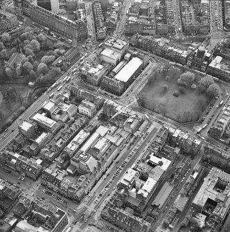 Oblique aerial view of Edinburgh centred on the renovation of the Roxburghe Hotel with the renovations to the south side of Charlotte Square adjacent, taken from the NE.