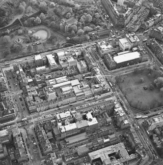 Oblique aerial view of Edinburgh centred on the renovation of the Roxburghe Hotel with the renovations to the south side of Charlotte Square adjacent, taken from the N.