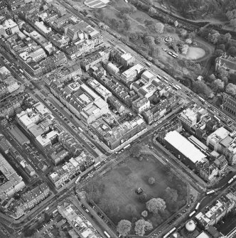 Oblique aerial view of Edinburgh centred on the renovation of the Roxburghe Hotel with the renovations to the south side of Charlotte Square adjacent, taken from the WNW.
