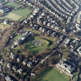 Oblique aerial view of the art galleries and designed garden under construction, taken from the E.
