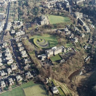 Oblique aerial view of the art galleries and designed garden under construction, taken from the SW.
