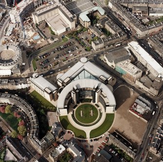 Oblique aerial view of Edinburgh centred on the Scottish Widows office building, Morrison Street, taken from the SW.