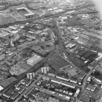 General aerial view of Gorgie, including Robertson Avenue Bakery, Wheatfield Road North British Distillery, Tynecastle Park Stadium, Murrayfield Stadium and Wheatfield Road Blandfield Chemical Works.