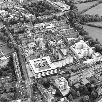 Oblique aerial view centred on the hospital, taken from the W.