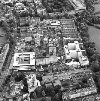 Oblique aerial view centred on the hospital, taken from the W.