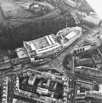 Oblique aerial view centred on the redevelopment of Greenside Place with the observatory and cathedral adjacent, taken from the NW.