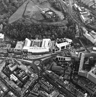 Oblique aerial view of Greenside Place, with the observatory and Cathedral adjacent, taken from the NW.