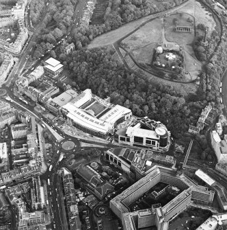 Oblique aerial view of Greenside Place, with the observatory and Cathedral adjacent, taken from the W.