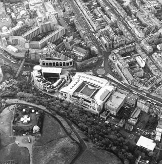 Oblique aerial view of Greenside Place, with the observatory and Cathedral adjacent, taken from the E.