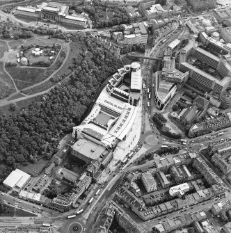 General oblique aerial view centred on the Omni Plaza with Calton Hill adjacent, taken from the NNE.