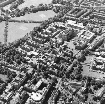 Oblique aerial view centred on the hospital, taken from the ENE.