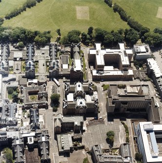 Oblique aerial view centred on the hospital, taken from the N.