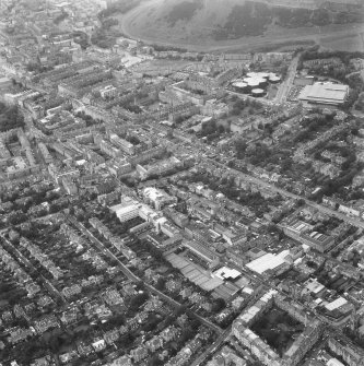 Aerial view including Causewayside, Minto Street, South Clerk Street, Salisbury Crags, Salisbury Place, West Preston Street seen from the South South West.