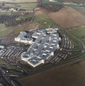 Oblique aerial view centred on the hospital, taken from the SSE.