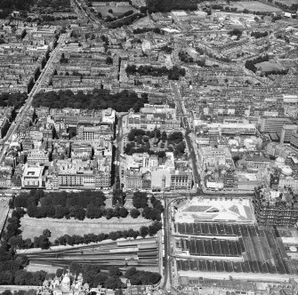 Edinburgh, New Town. 
Aerial view from South, including train station, Princes Street and Northern New Town.