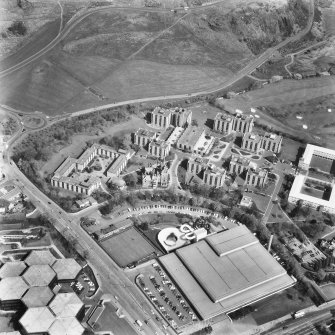 Aerial view of Pollock Halls, Commonwealth Pool and Scottish Widows' seen from the West.