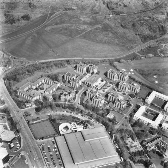 Aerial view of Pollock Halls and the Commonwealth Pool seen from the South West.
