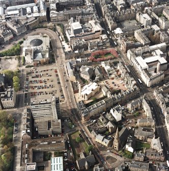 Oblique aerial view of Edinburgh centred on the Central Mosque, taken from the S.