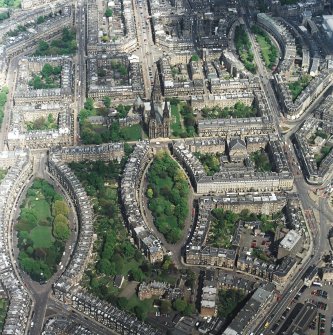 Oblique aerial view of the west end of Edinburgh New Town centred on the cathedral, taken from the SW.