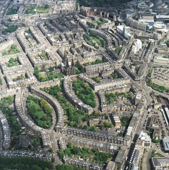 Oblique aerial view of the west end of Edinburgh New Town centred on the cathedral, taken from the WSW.