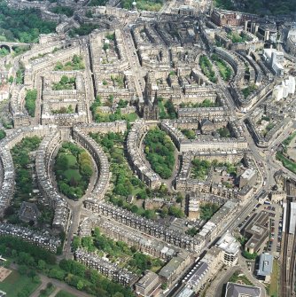 Oblique aerial view of the west end of Edinburgh New Town centred on the cathedral, taken from the SW.