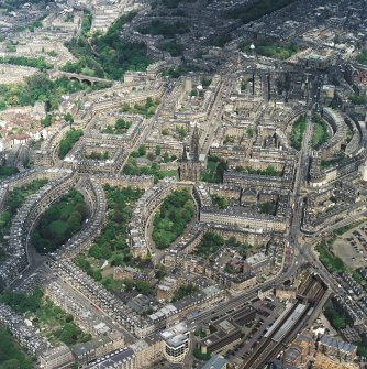 Oblique aerial view of the west end of Edinburgh New Town centred on the cathedral, taken from the SW.