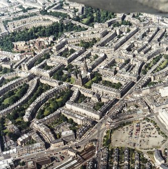 General oblique aerial view of the west end of Edinburgh New Town centred on the cathedral, taken from the SSW.