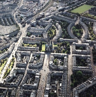 Oblique aerial view centred on the cathedral with the western New Town adjacent, taken from the NE.