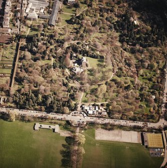 Oblique aerial view of the botanical garden centred on the art gallery, house, tea room and café, taken from the WSW.