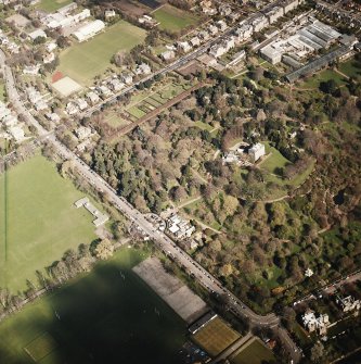 Oblique aerial view of the botanical garden centred on the art gallery, house, tea room and café, taken from the SSW.