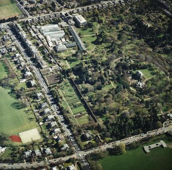 Oblique aerial view of the botanical garden centred on the art gallery, house, tea room and café, taken from the W.