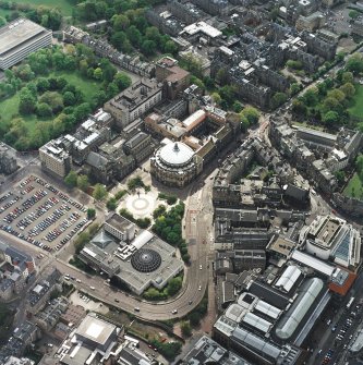 Oblique aerial view of the university centred on the hall with the hospital adjacent, taken from the NE.