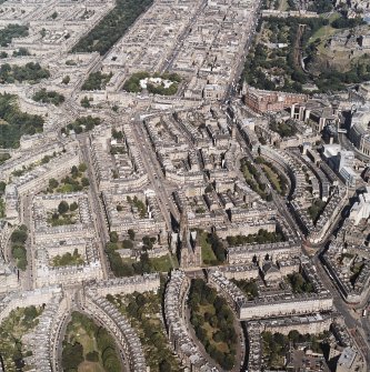 Oblique aerial view centred on the cathedral with the western New Town adjacent, taken from the WSW.