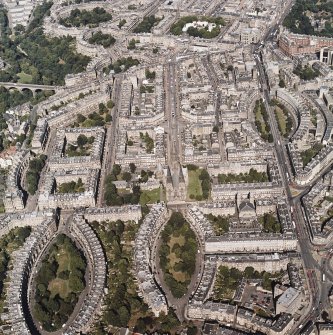 Oblique aerial view centred on the cathedral with the western New Town adjacent, taken from the SW.