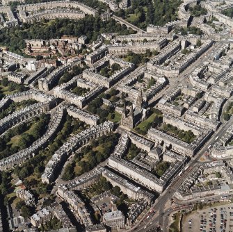 Oblique aerial view centred on the cathedral with the western New Town adjacent, taken from the S.