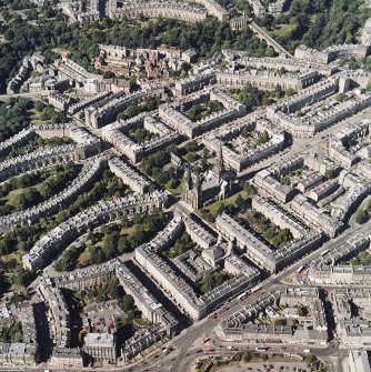 Oblique aerial view centred on the cathedral with the western New Town adjacent, taken from the S.