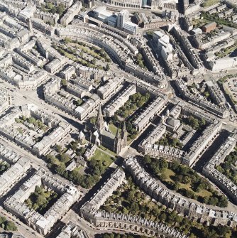 Oblique aerial view centred on the cathedral with the western New Town adjacent, taken from the WNW.